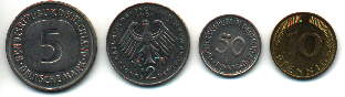 Deutsche Coins: 5DM, 
2DM, 50 pfennings, and 10 pfennings